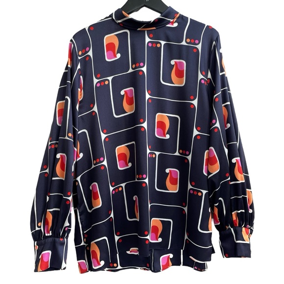 Zara Geometric Print Blouse, Dark Blue, Loose Fit, Long Sleeves, Size Large - Picture 2 of 7